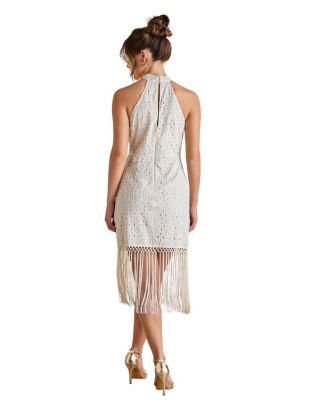 Broderie Embellished Fringe Halter Dress