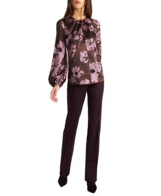 Elena Long Sleeve Twist Neck Blouse in Floral Twill Crepe