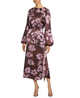 Parker Fit and Flare Midi Dress with Lantern Sleeves in Floral Twill Crepe
