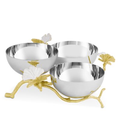 Butterfly Gingko Gold Tone Triple Bowl