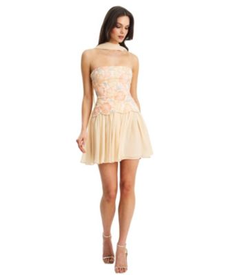 Quanisha Beaded Floral Mini Chiffon Dress with Scarf