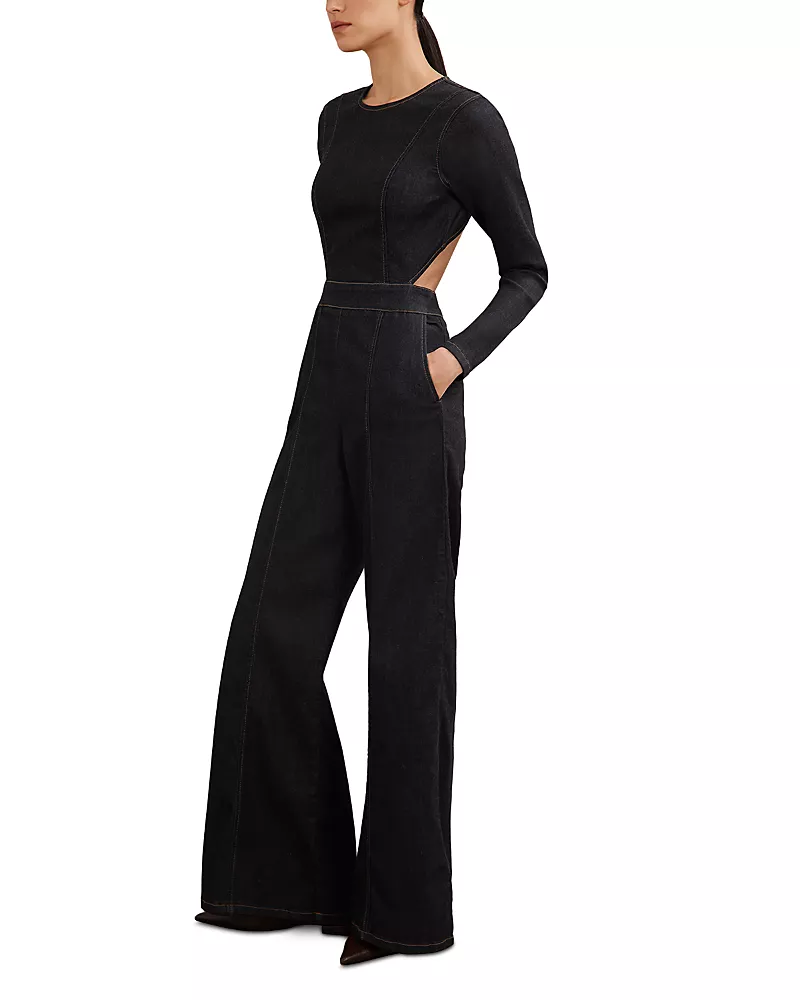 Reiss Sanata Long Sleeve Wide Leg Denim Jumpsuit