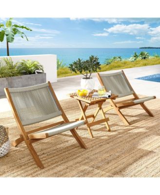 Vienna Outdoor Patio Teak and Rope Folding Lounge Chairs and Side Table, Set of 3