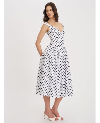 Rahma Polka Dot Drop Waist Midi Cotton Poplin Dress