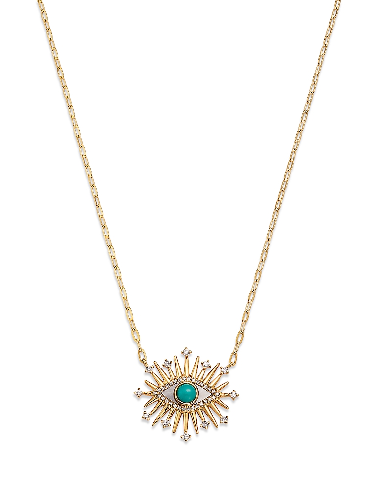 Bloomingdale's Fine Collection Mother of Pearl, Turquoise & Diamond Evil Eye Pendant Necklace in 14K Yellow Gold, 18