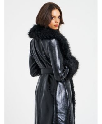  Zella Faux Fur Trim Faux Croc Leather Coat