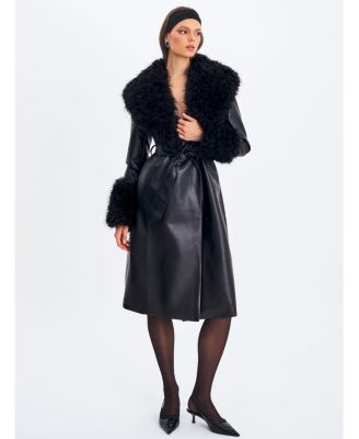  Zariah Faux Fur Trimmed Longline Faux Leather Coat