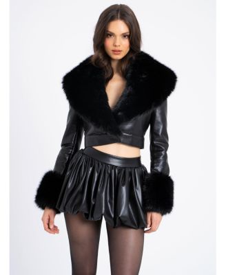  Ziah Cropped Faux Leather Jacket with Fur Collar