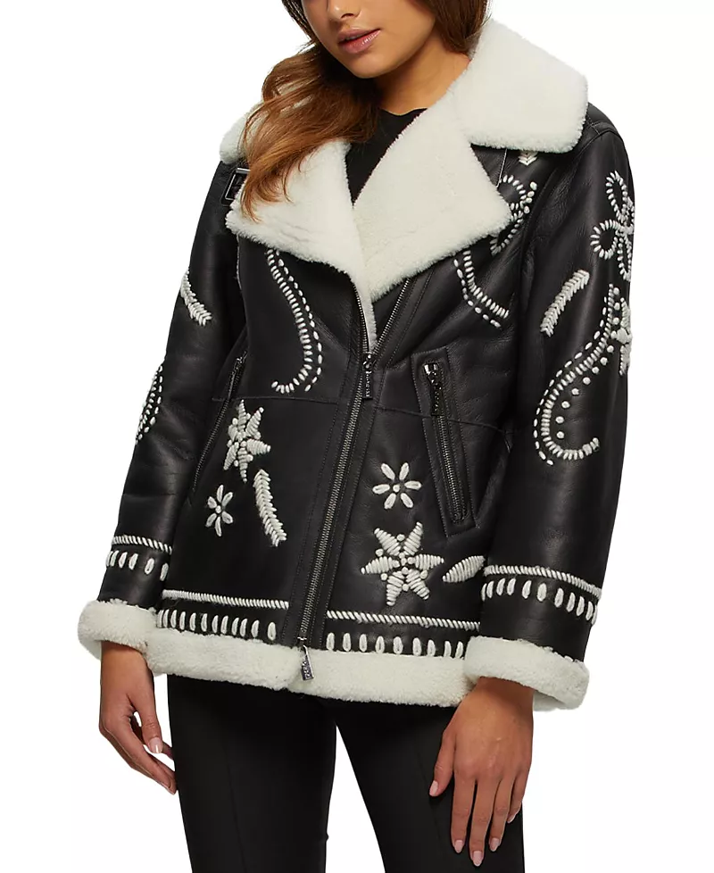 Gorski Shearling Lamb Zip Jacket with Wool Embroidery
