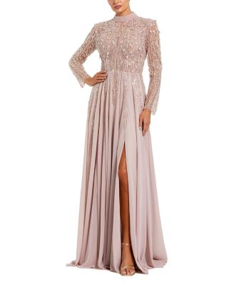  Embellished Long Sleeve Chiffon Skirt Gown