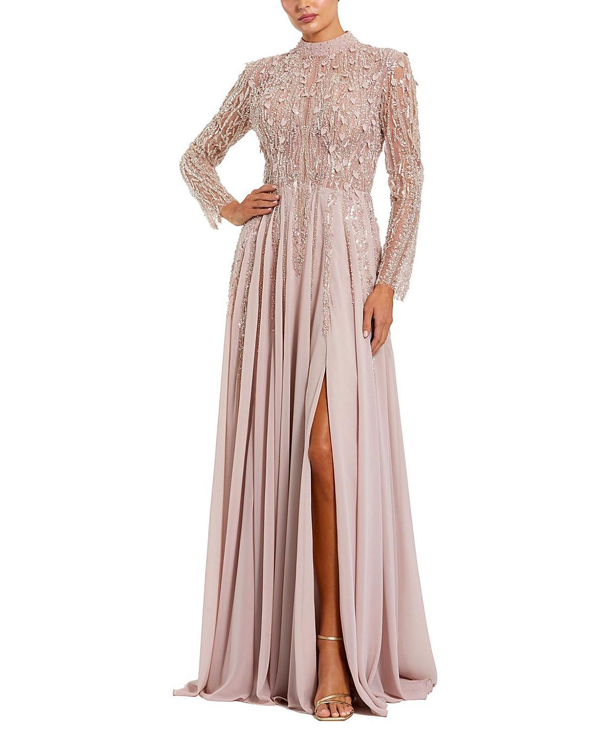 Mac Duggal Embellished Long Sleeve Chiffon Skirt Gown