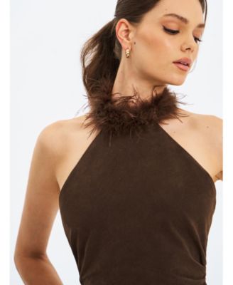Yael Suede Faux Fur Halter Mini Dress