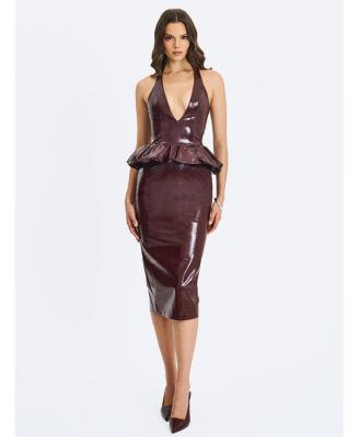  Jaslene Peplum Faux Leather Halter Midi Dress