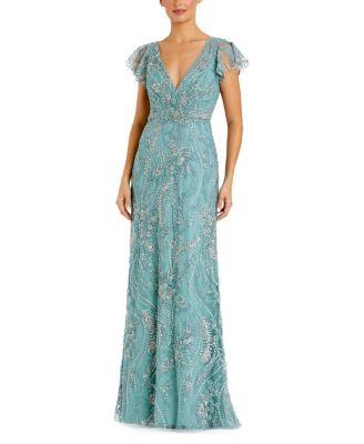  V-Neck Flutter Sleeve Floral Embroidered Gown
