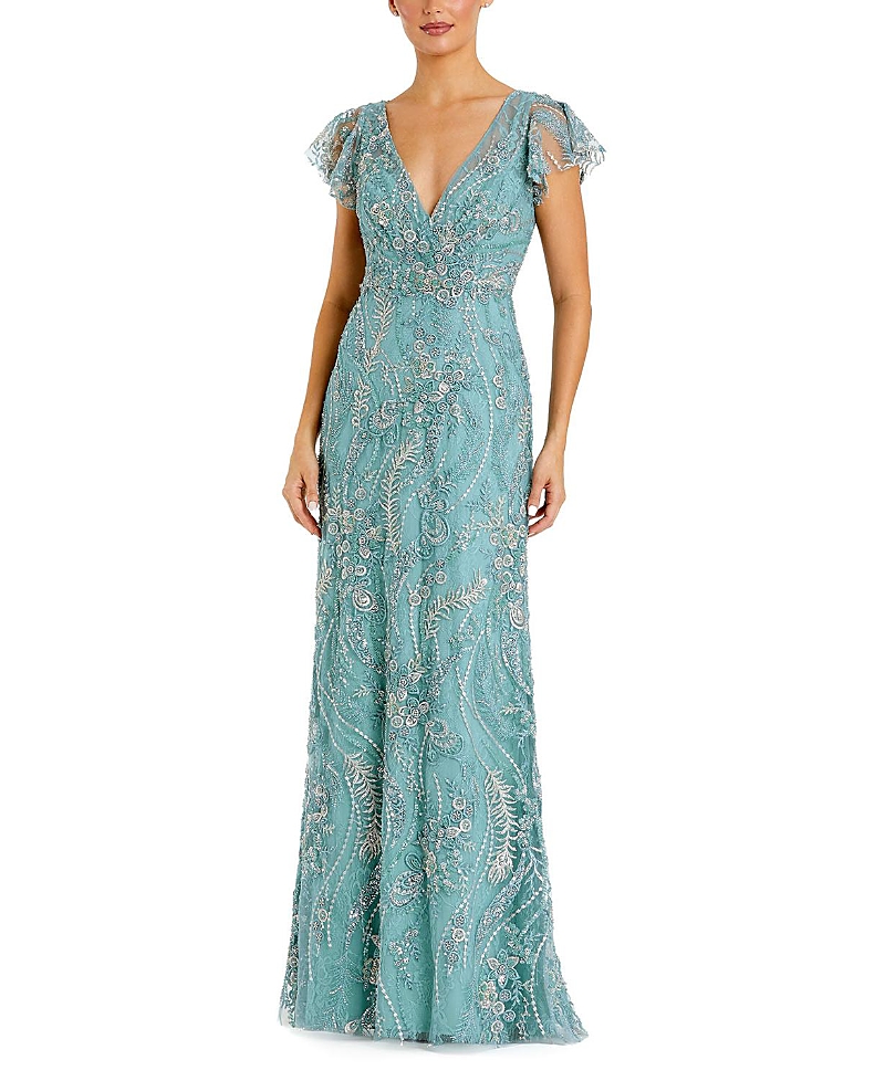 Mac Duggal V-Neck Flutter Sleeve Floral Embroidered Gown