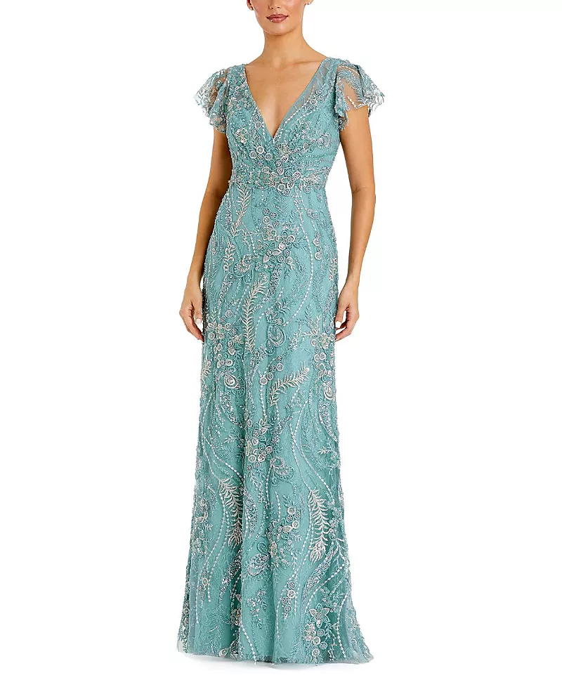 Mac Duggal V-Neck Flutter Sleeve Floral Embroidered Gown