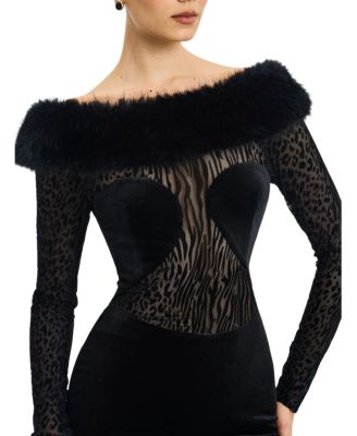  Alexis Animal Print Fur Boatneck Maxi Dress