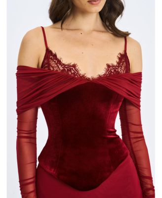  Maybelle Bardot Lace Strap Peplum Maxi Dress