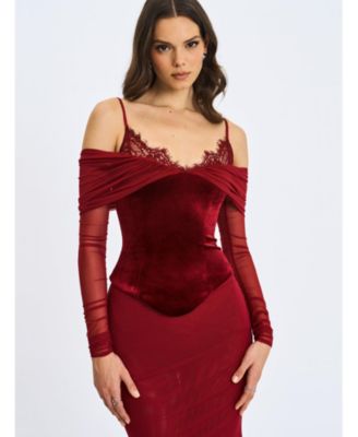  Maybelle Bardot Lace Strap Peplum Maxi Dress