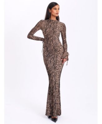  Waylynn Burnout Velvet Detail Mesh Backless Maxi Dress