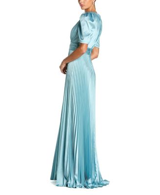  Pleated Charmeuse Puff Sleeve Gown with Slit
