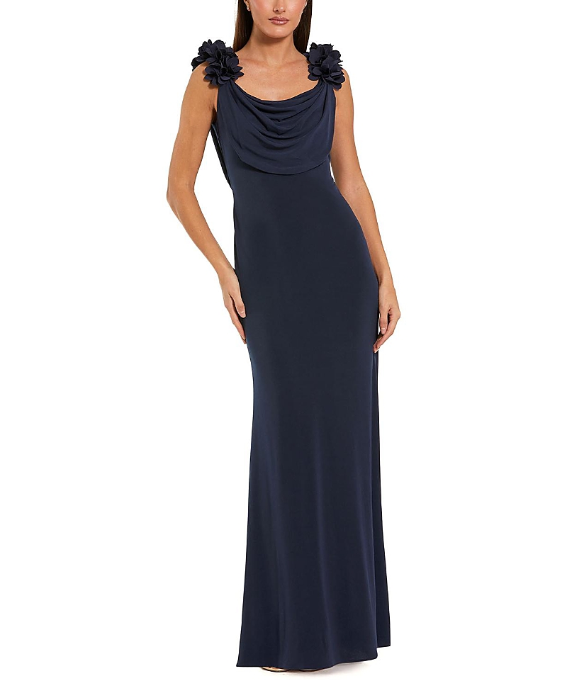 Mac Duggal Jersey Cowl Neck Gown with 3D Flower Straps