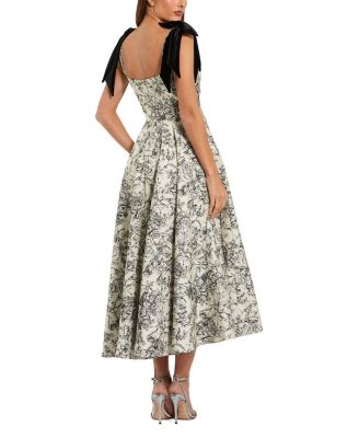 Brocade A Line Midi Dress with Bow Straps