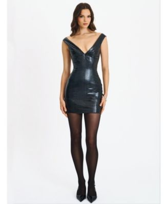  Quilia Faux Crocodile Leather Plunge Mini Dress