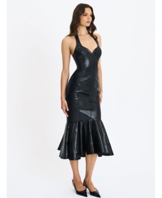  Gardenia Faux Leather Midi Sweetheart Halter Flared Dress