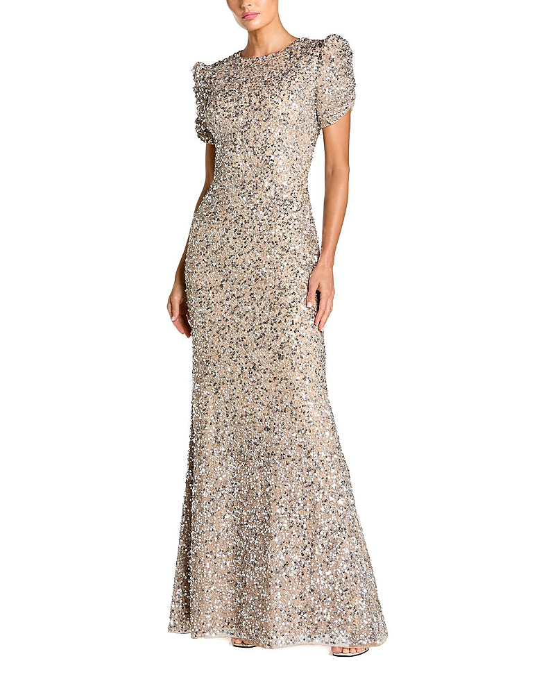 Mac Duggal Gathered Short Sleeve Beaded Gown