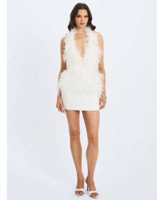  Quisten Feathered Plunging Halter Mini Dress
