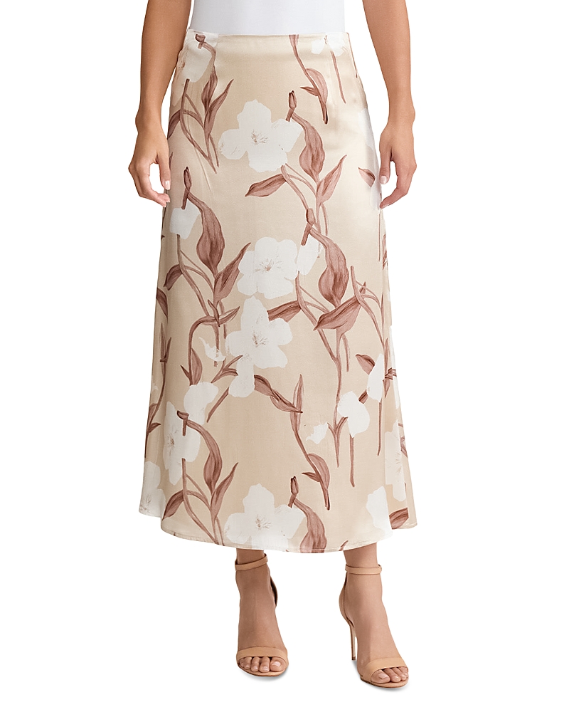Misook Flared Floral Print Silk Maxi Skirt