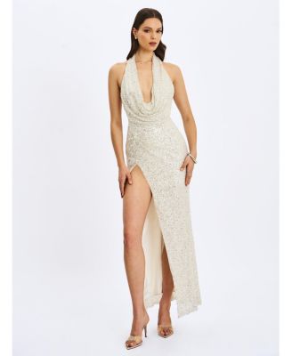  Niamh Beaded Cowl Halter Backless Maxi Dress