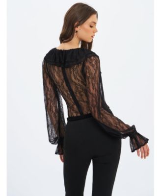  Taliah Sheer Lace Ruffled Collar Bodysuit