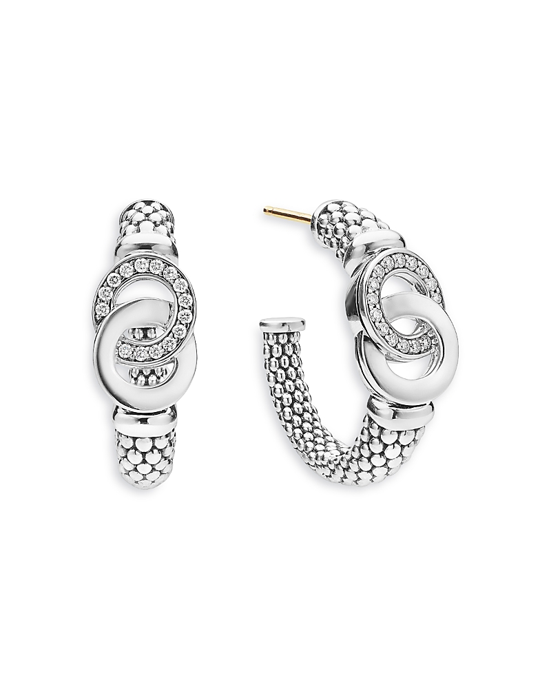 Lagos Sterling Silver Signature Caviar Diamond Interlocking Hoop Earrings