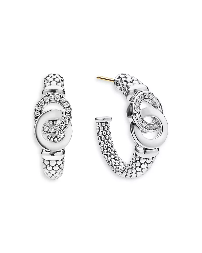 Lagos Sterling Silver Signature Caviar Diamond Interlocking Hoop Earrings