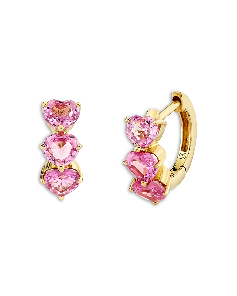 Sydney Evan 14K Yellow Gold Pink Sapphire Triple Heart Huggie Hoop Earrings