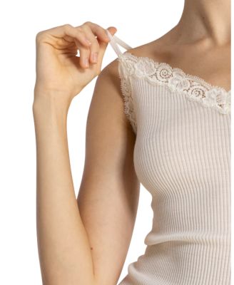Ribbed Wool & Silk V-Neck Camisole with Lace Trim