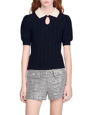 Embellished Collar Cable Knit Sweater