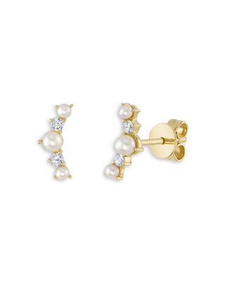 14K Yellow Gold Diamond & Cultured Pearl Stud Earrings