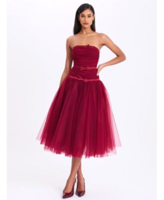  Mabel Drop Waist Layered Mesh Midi Puffy Dress with Bow