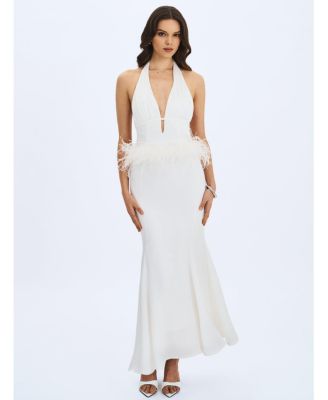  Solene Pleated Halter Backless Feather-Trim Maxi Dress