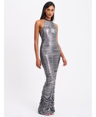  Abril Ruched Glitter Backless Gown