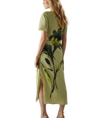 Placement Print Crinkle Midi Satin Dress