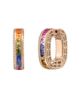 18K Rose Gold Princess Rainbow Sapphire Oval Hoop Earrings