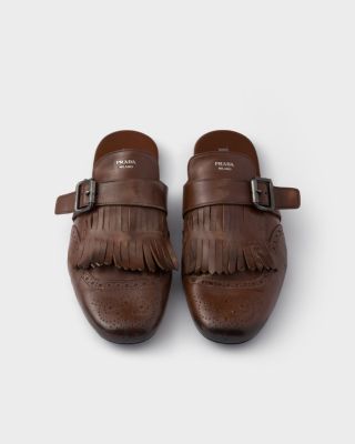 Men's Shuffle Antiqued Leather Mules with Buckled Strap and Fringe