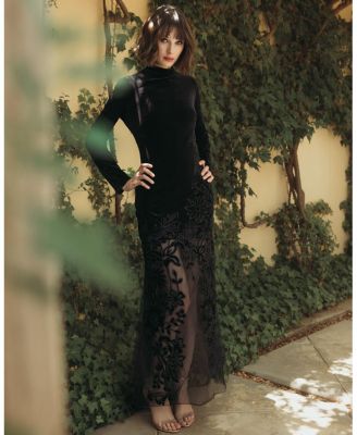 Long Sleeve Sheer Floral Embroidered Velvet Gown