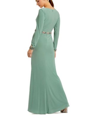 Jersey Long Sleeve V Neck Gown with Beaded Belt