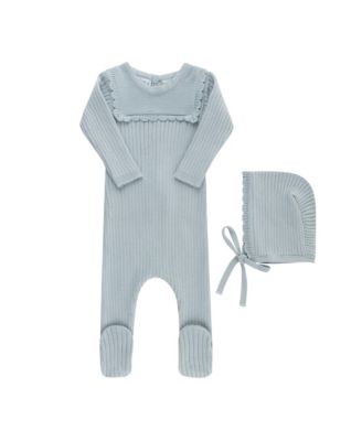 Unisex Scallop Trimmed Rib Knit Romper & Bonnet - Baby