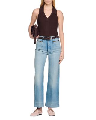 Faded Straight Zipped Cotton Jeans in Blue Jean